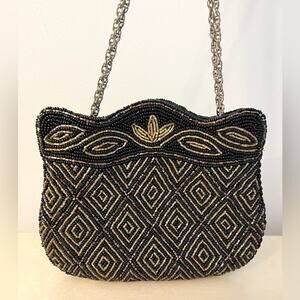 Vintage beaded clutch shoulder bag black tan mini formal events ball prom